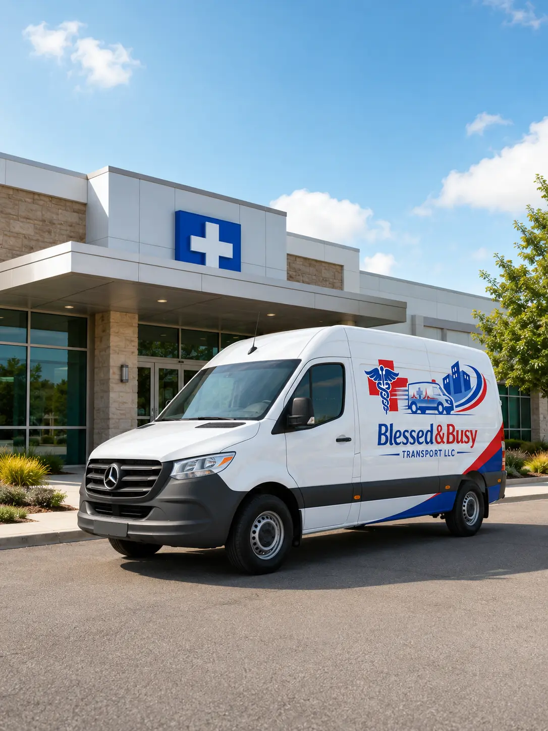 Blessed&Busy medical delivery van outside a healthcare facility